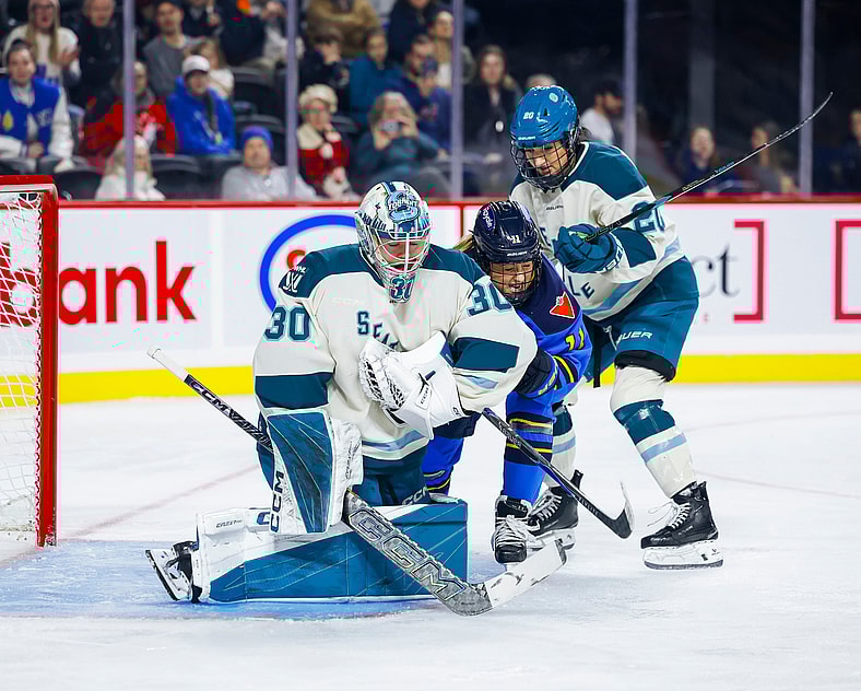 Seattle Torrent goalie Corinne Schroeder makes a save against the Toronto Sceptres.