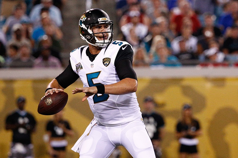 JACKSONVILLE, FL - AUGUST 08: Blake Bortles #5 of the Jacksonville Jaguars plays during the preseason game against the Tampa Bay Buccaneers at Everbank Field on August 8, 2014 in Jacksonville, Florida. (Photo by Rob Foldy/Getty Images)