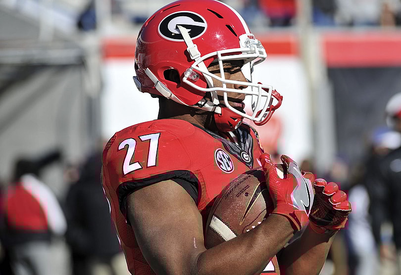Caption: Dec 30, 2016; Memphis, TN, USA; Georgia Bulldogs running back Nick Chubb (27) before the game against the TCU Horned Frogs at Liberty Bowl. Mandatory Credit: Justin Ford-USA TODAY Sports