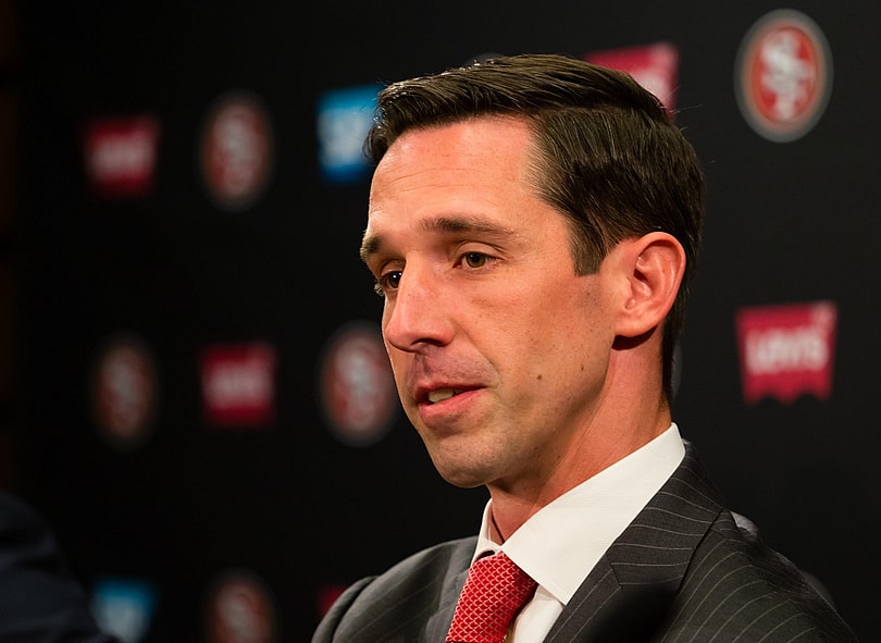 Feb 9, 2017; Santa Clara, CA, USA; San Francisco 49ers head coach Kyle Shanahan during a press conference at Levi's Stadium. Mandatory Credit: Kelley L Cox-USA TODAY Sports