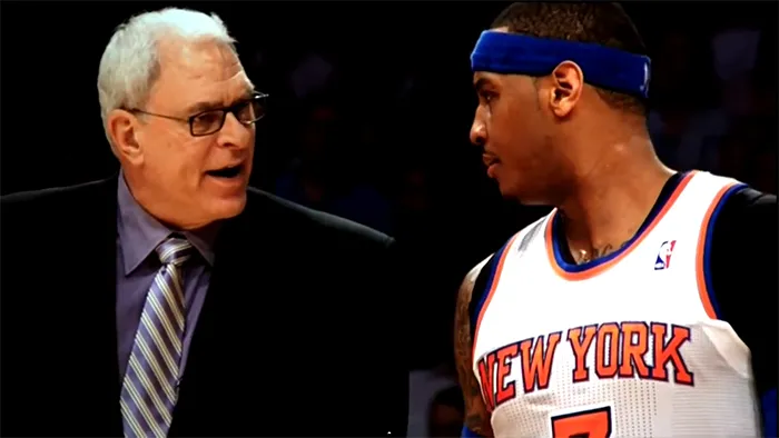Could this happen next year? Phil Jackson and Carmelo Anthony together on the floor? Photo via sportsstan.com