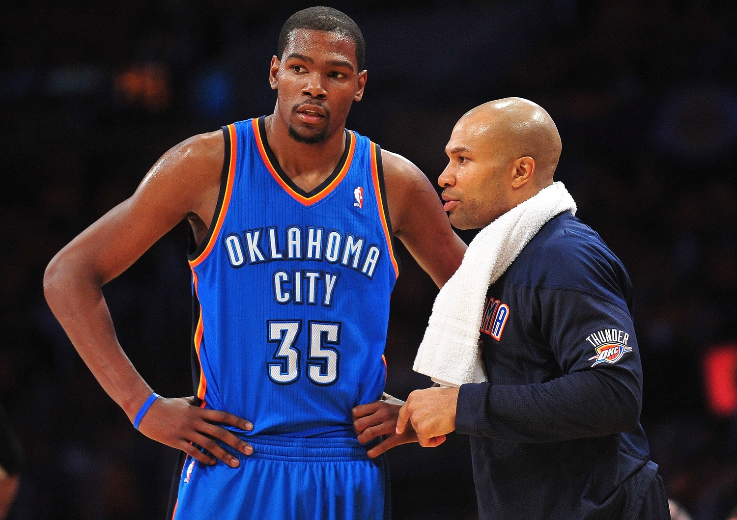 Derek Fisher is already coaching as a player as seen here with Kevin Durant. Photo by Gary A. Vasquez, USA Today Sports Images
