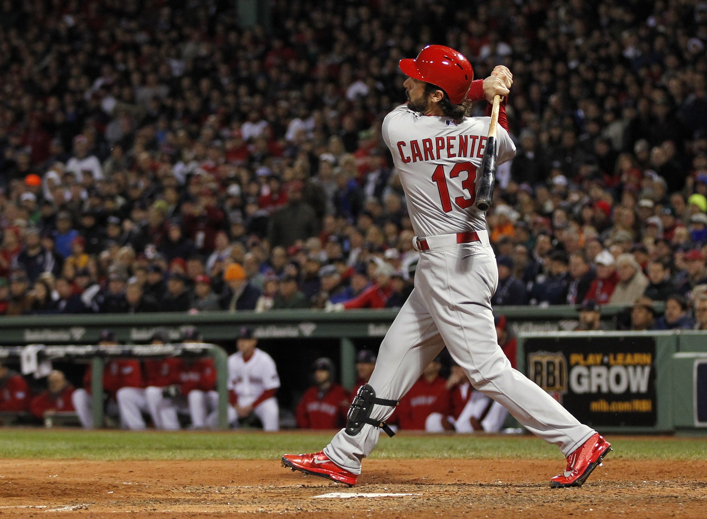 Matt Carpenter marvels at a hit. Photo by Greg M. Cooper, USA Today Sports Images