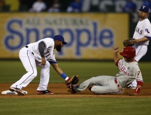 Jayson Nix (runner) is tagged out. Not the depth the Phillies are looking for. Photo via Jim Cowsert, USA Today Sports Images