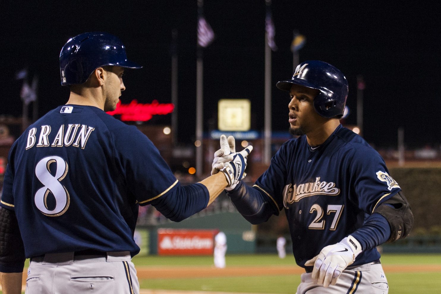 Ryan Braun and Carlos Gomez lead the Brewers charge ahead. Photo by Howard Smith, USA Today Sports Images