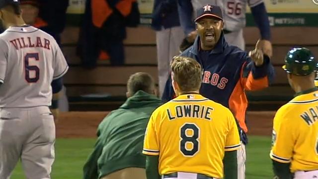 Courtesy of MLB.com: Porter points to the scoreboard as he confronts Lowrie in the first inning of a 11-3 Astros loss. 