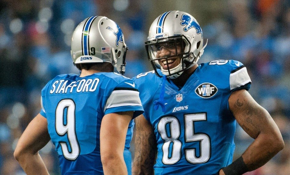 Matthew Stafford and Eric Ebron of the Detroit Lions on Monday Night Football