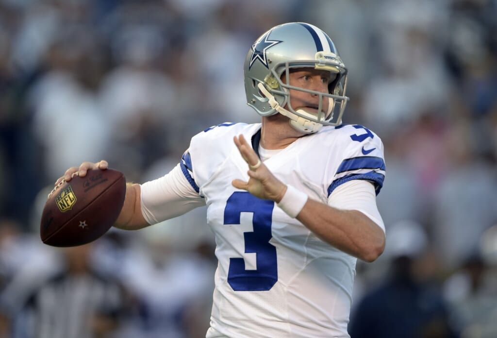 Aug 13, 2015; San Diego, CA, USA; Dallas Cowboys quarterback Brandon Weeden (3) throws a pass against the San Diego Chargers in a preseason NFL football game at Qualcomm Stadium. Mandatory Credit: Kirby Lee-USA TODAY Sports