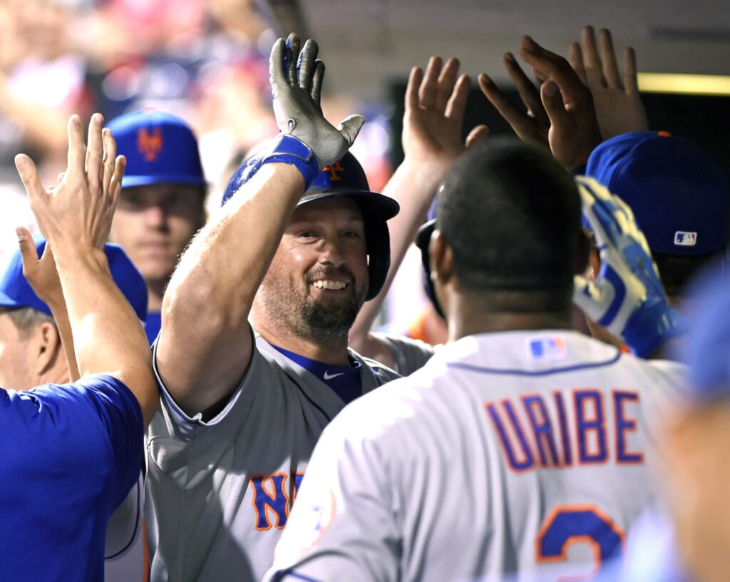 Aug 26, 2015; Philadelphia, PA, USA; New York Mets left fielder Michael Cuddyer (23) celebrates his two run home run in the eighth inning against the Philadelphia Phillies at Citizens Bank Park. The Mets defeated the Phillies, 9-4. Mandatory Credit: Eric Hartline-USA TODAY Sports