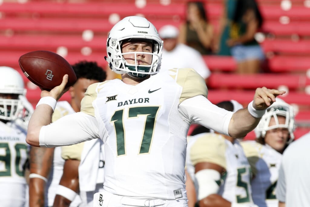 Sep 4, 2015; Dallas, TX, USA; Baylor Bears quarterback Seth Russell (17) throws a pass in warm ups before the game against the Southern Methodist Mustangs at Gerald J. Ford Stadium. Mandatory Credit: Tim Heitman-USA TODAY Sports
