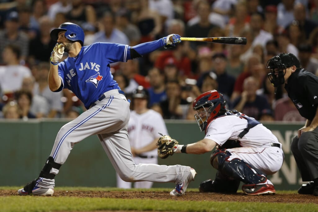 Sep 9, 2015; Boston, MA, USA; Toronto Blue Jays first baseman Chris Colabello (15) at bat during the eighth inning against the Boston Red Sox at Fenway Park. Mandatory Credit: Greg M. Cooper-USA TODAY Sports