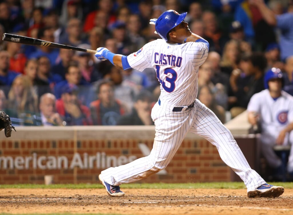 Sep 21, 2015; Chicago, IL, USA; Chicago Cubs shortstop Starlin Castro (13) hits a single during the seventh inning against the Milwaukee Brewers at Wrigley Field. Mandatory Credit: Caylor Arnold-USA TODAY Sports