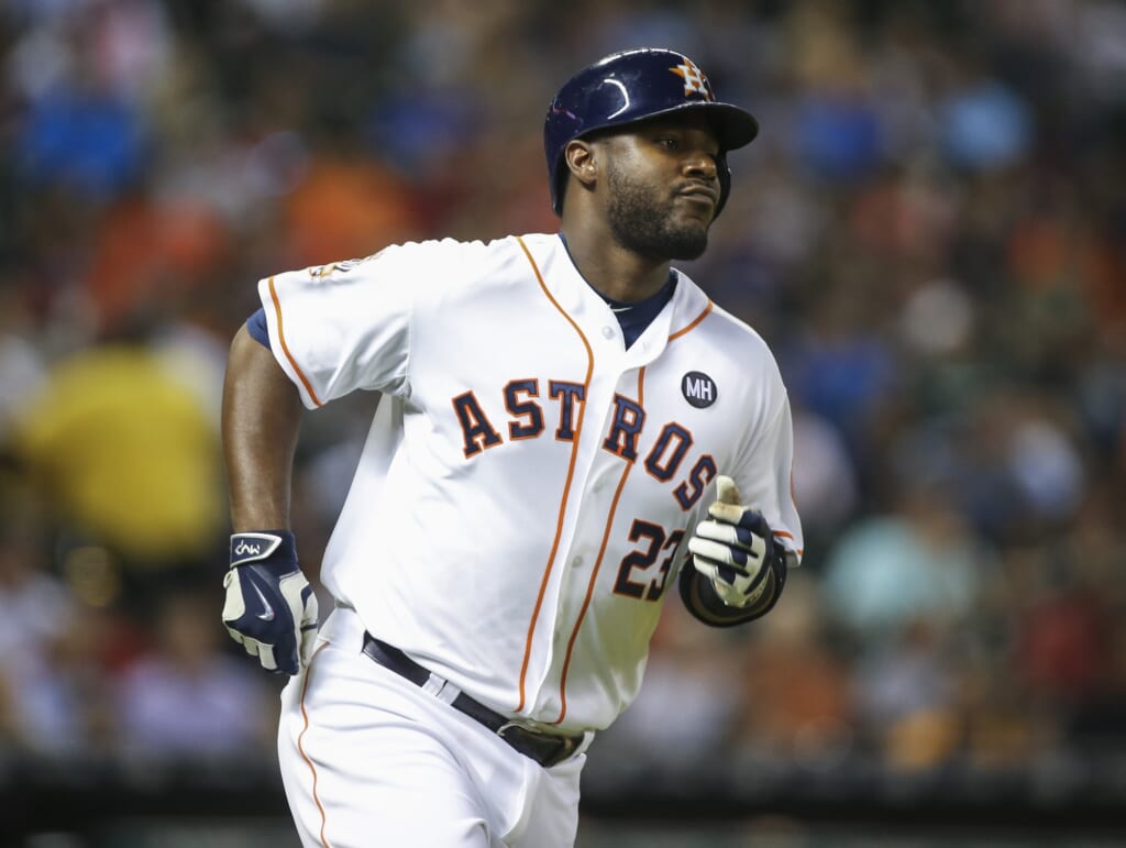 Sep 22, 2015; Houston, TX, USA; Houston Astros first baseman Chris Carter (23) rounds the bases after hitting a home run during the second inning against the Los Angeles Angels at Minute Maid Park. Mandatory Credit: Troy Taormina-USA TODAY Sports