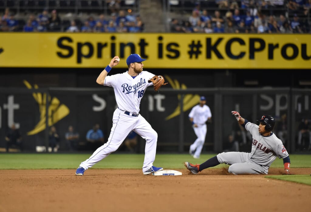 Sep 25, 2015; Kansas City, MO, USA; Kansas City Royals second basemen Ben Zobrist (18) forces out Cleveland Indians Jose Ramirez (11) at second base during the ninth inning at Kauffman Stadium. Mandatory Credit: Peter G. Aiken-USA TODAY Sports