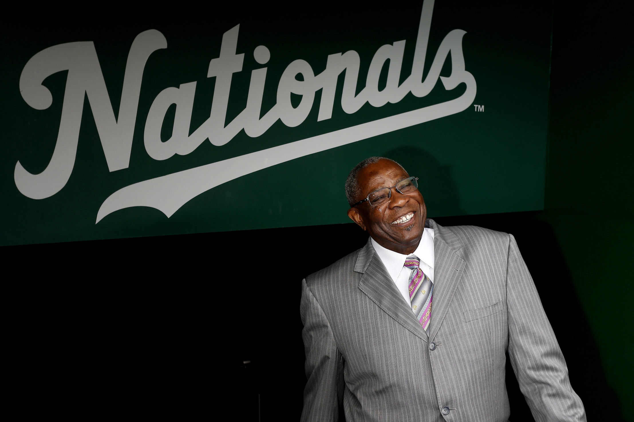 Nov 5, 2015; Washington, DC, USA; Washington Nationals manager Dusty Baker poses in the Nationals dugout after a press conference introducing Baker as the new Nationals manager at Nationals Park. Mandatory Credit: Geoff Burke-USA TODAY Sports