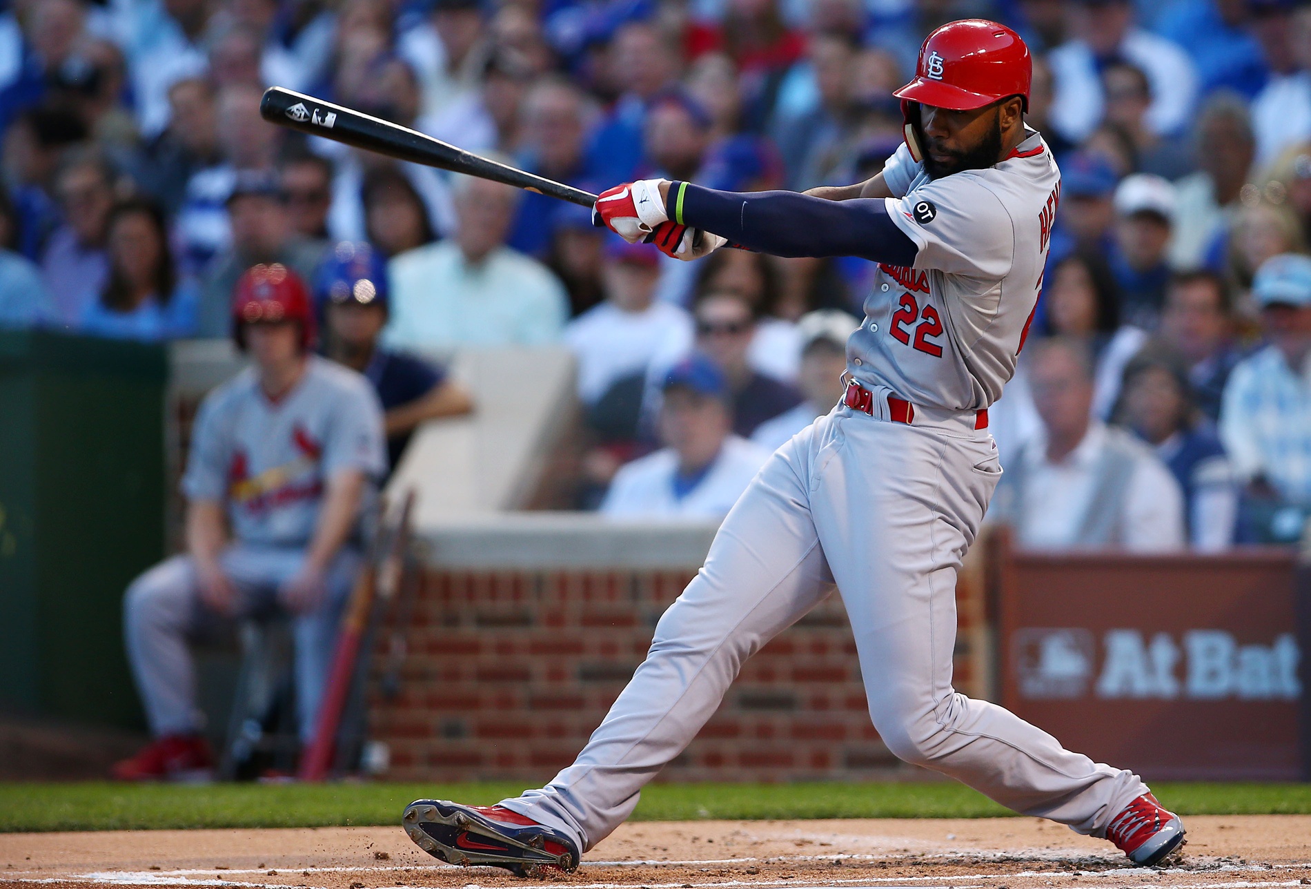 Oct 12, 2015; Chicago, IL, USA; St. Louis Cardinals right fielder Jason Heyward (22) hits a double during the second inning against the Chicago Cubs in game three of the NLDS at Wrigley Field. Mandatory Credit: Jerry Lai-USA TODAY Sports