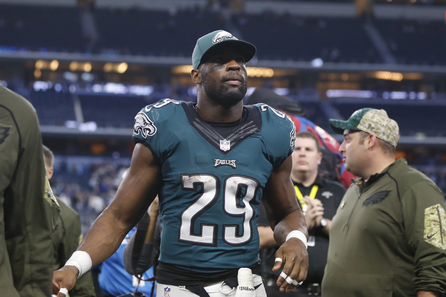 Nov 8, 2015; Arlington, TX, USA; Philadelphia Eagles running back DeMarco Murray (29) leaves the field after the game against the Dallas Cowboys at AT&T Stadium. Philadelphia won in overtime 33-27. Mandatory Credit: Tim Heitman-USA TODAY Sports