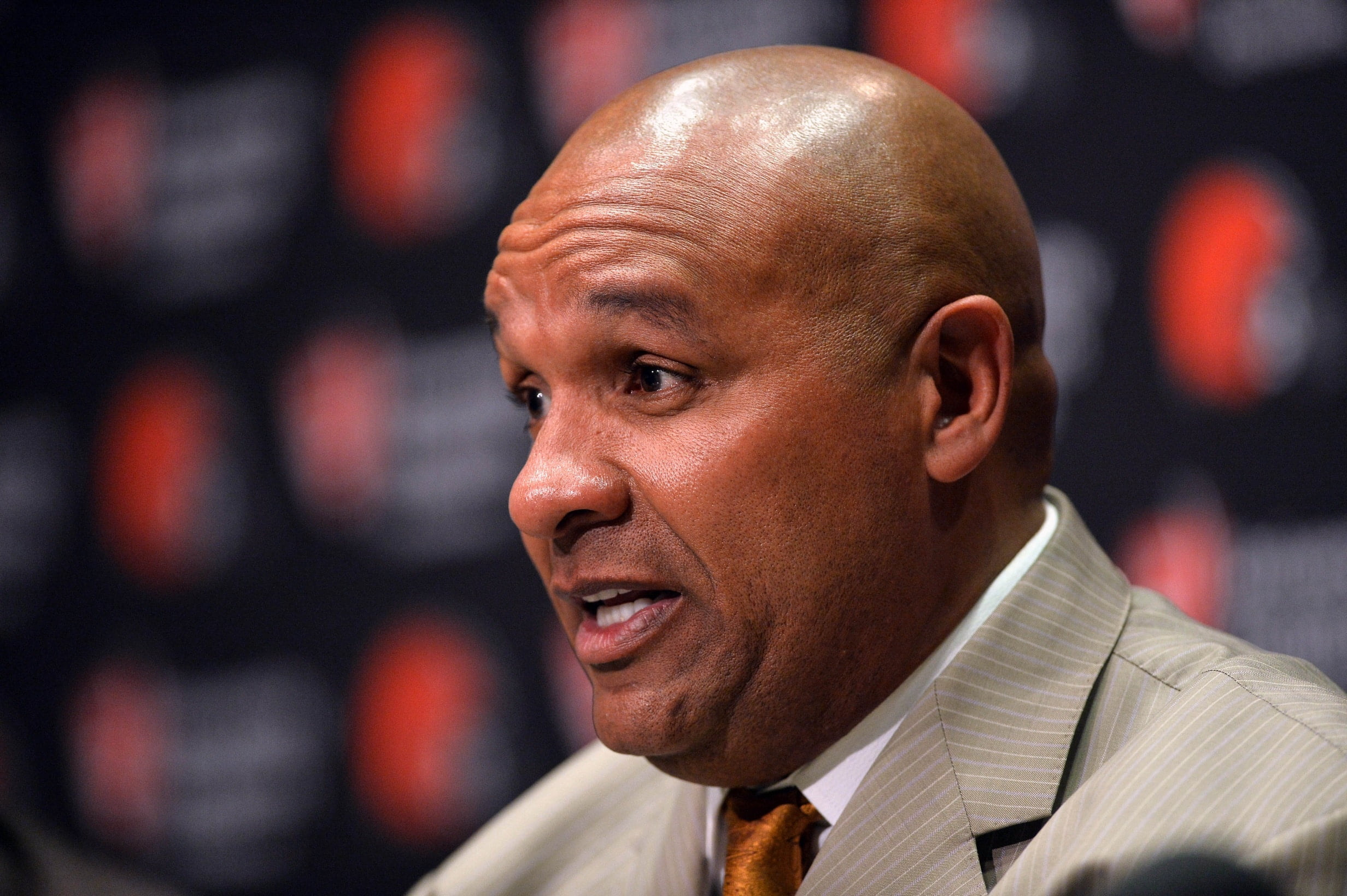 Jan 13, 2016; Berea, OH, USA; Cleveland Browns new head coach Hue Jackson talks during a press conference at the Cleveland Browns training facility. Mandatory Credit: Ken Blaze-USA TODAY Sports