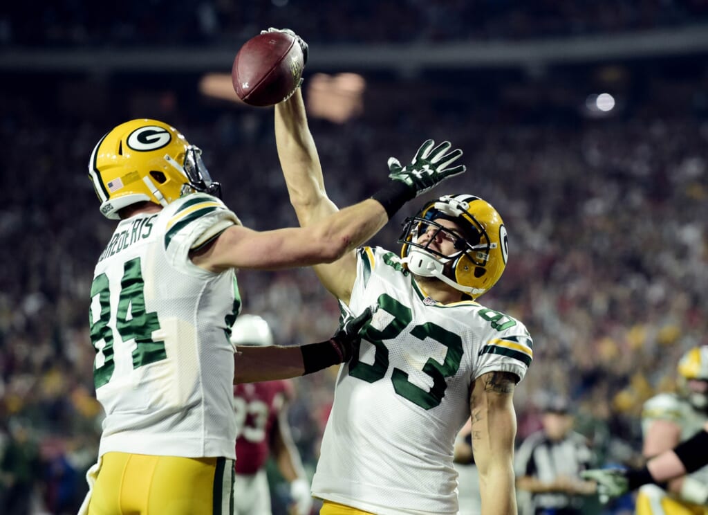 Jan 16, 2016; Glendale, AZ, USA; Green Bay Packers wide receiver Jeff Janis (83) celebrates with wide receiver Jared Abbrederis (84) after scoring a touchdown against the Arizona Cardinals during the third quarter in a NFC Divisional round playoff game at University of Phoenix Stadium. Mandatory Credit: Matt Kartozian-USA TODAY Sports