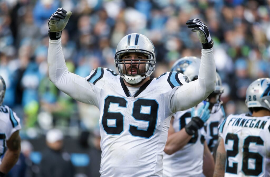 Jan 17, 2016; Charlotte, NC, USA; Carolina Panthers defensive end Jared Allen (69) reacts during the fourth quarter against the Seattle Seahawks in a NFC Divisional round playoff game at Bank of America Stadium. Mandatory Credit: Jeremy Brevard-USA TODAY Sports