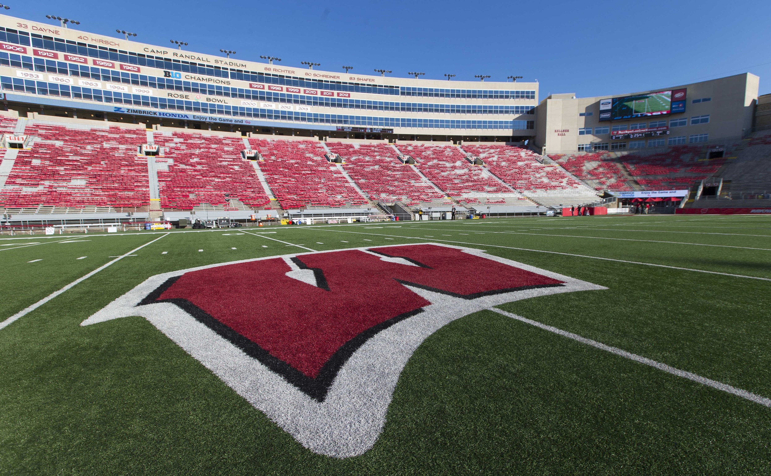 Sep 26, 2015; Madison, WI, USA; General view of the Wisconsin logo at midfield of Camp Randall Stadium prior to the game against the Hawaii Rainbow Warriors. Mandatory Credit: Jeff Hanisch-USA TODAY Sports 
