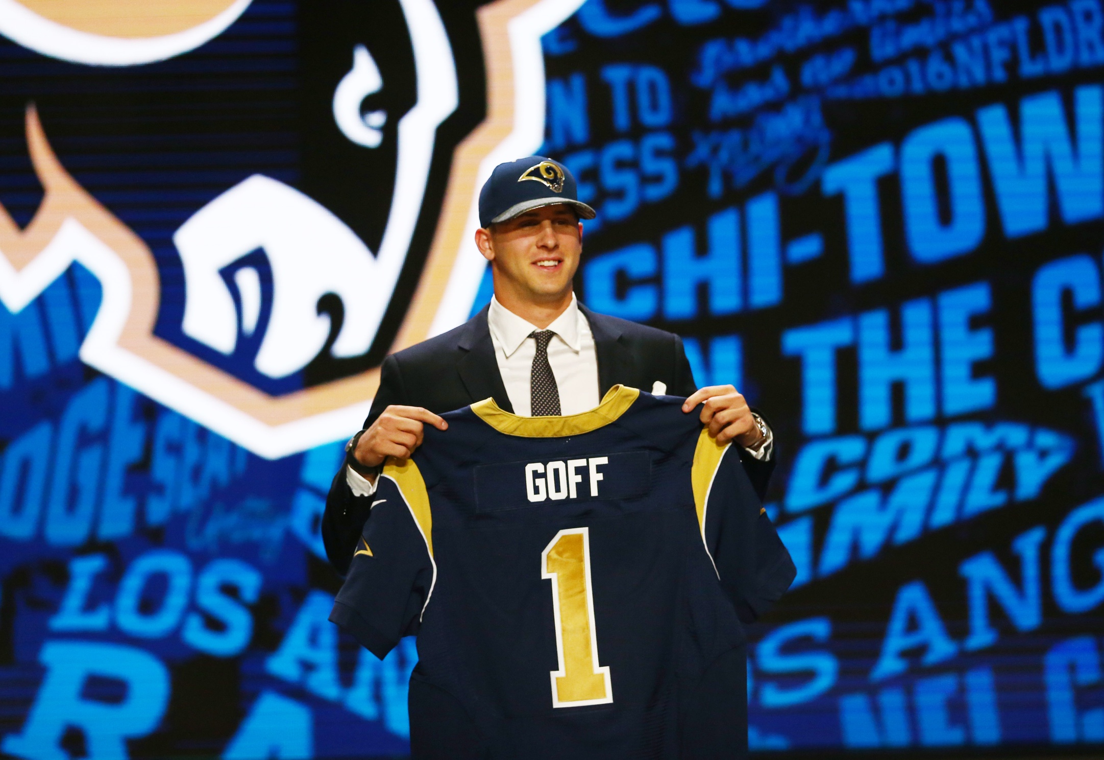 Apr 28, 2016; Chicago, IL, USA; Jared Goff (California) is selected by the Los Angeles Rams as the number one overall pick in the first round of the 2016 NFL Draft at Auditorium Theatre. Mandatory Credit: Jerry Lai-USA TODAY Sports 
