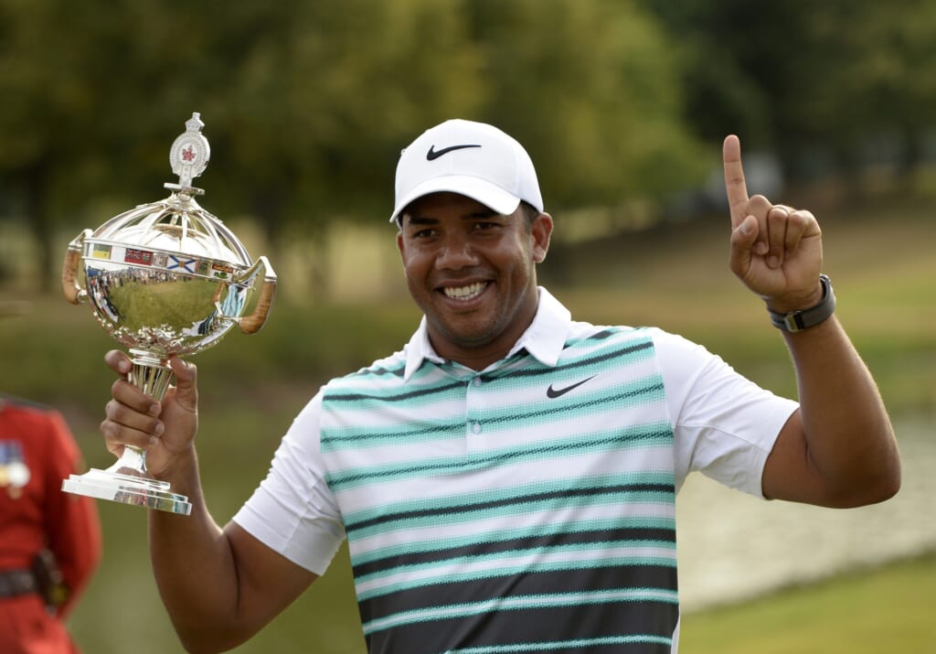 Jul 24, 2016; Oakville, Ontario, CAN; Jhonattan Vegas (VEN) with the champions trophy after winning the RBC Canadian Open golf tournament at Glen Abbey Golf Club. Mandatory Credit: Eric Bolte-USA TODAY Sports 
