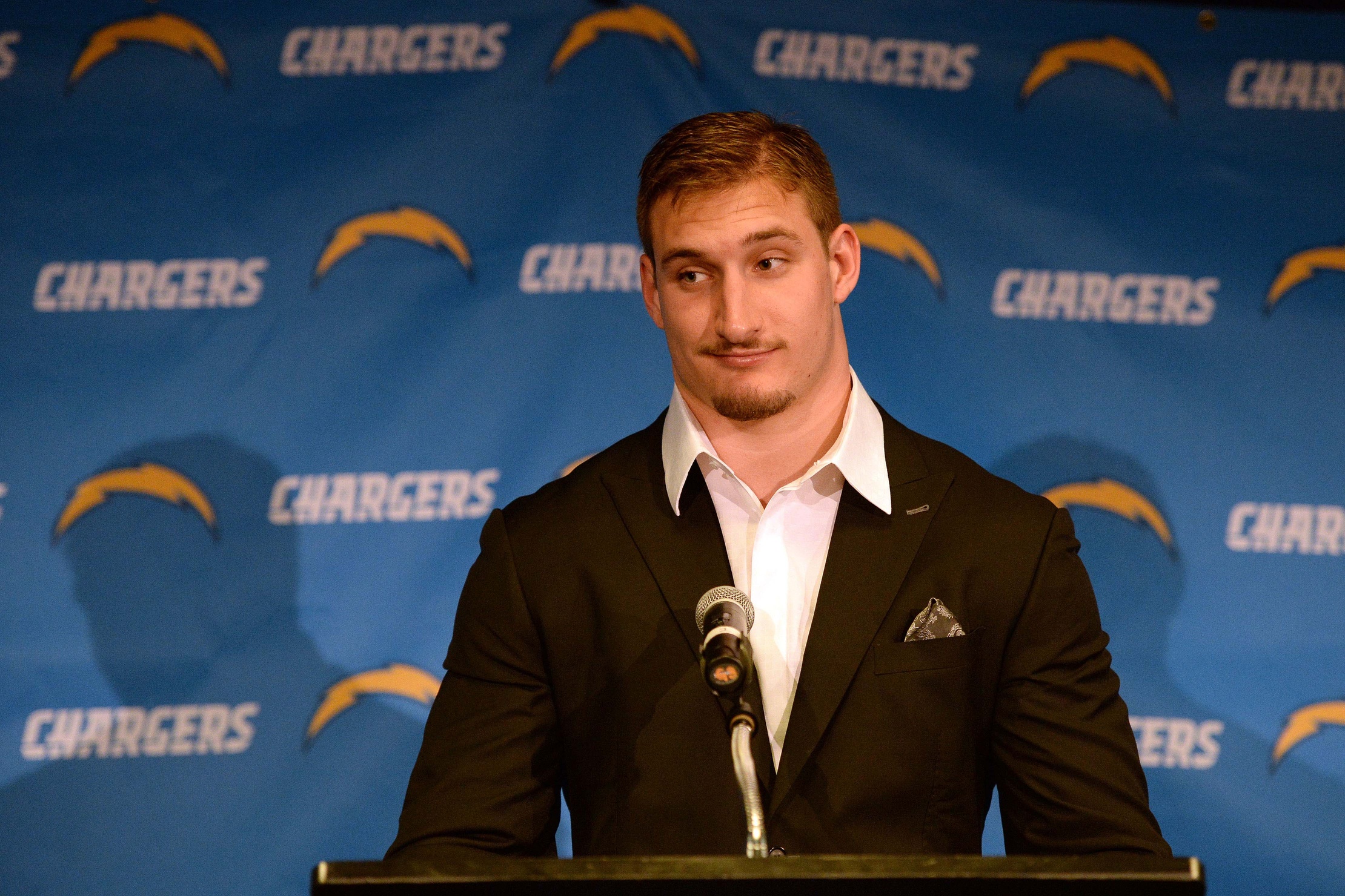 Apr 29, 2016; San Diego, CA, USA; San Diego Chargers first round draft pick Joey Bosa speaks to media during a press conference at Chargers Park. Mandatory Credit: Jake Roth-USA TODAY Sports 