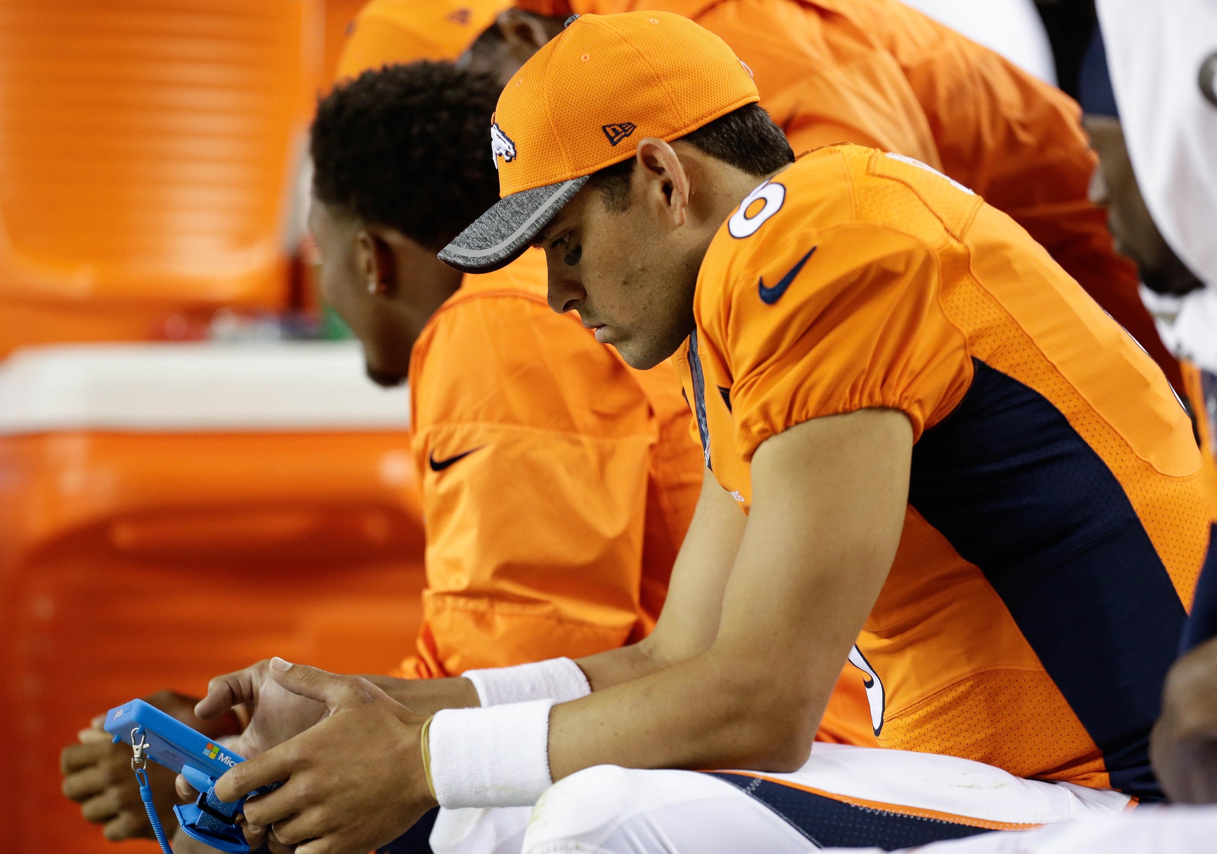 Aug 20, 2016; Denver, CO, USA; Denver Broncos quarterback Mark Sanchez (6) on the bench in the fourth quarter against the San Francisco 49ers at Sports Authority Field at Mile High. The 49ers defeated the Broncos 31-24. Mandatory Credit: Isaiah J. Downing-USA TODAY Sports 