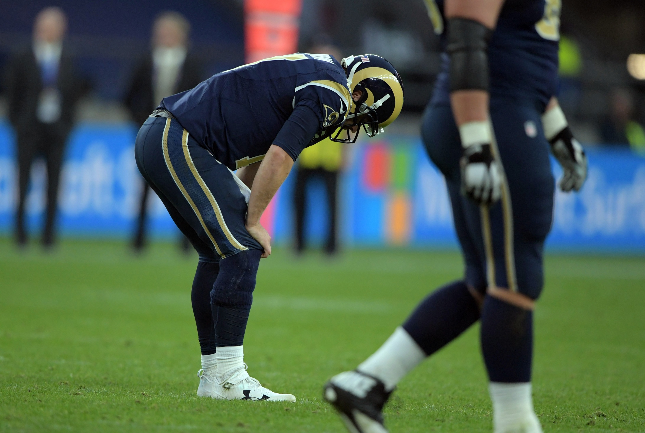 Oct 23, 2016; London, United Kingdom; Los Angeles Rams quarterback Case Keenum (17) reacts after throwing his fourth interception against the New York Giants during game 16 of the NFL International Series at Twickenham Statdium. The Giants defeated the Rams 17-10. Mandatory Credit: Kirby Lee-USA TODAY Sports 