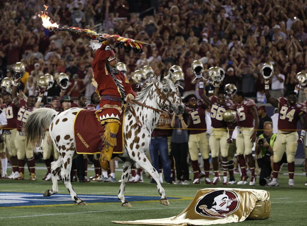 WATCH FSU's Osceola and Renegade take a tumble to start the Orange Bowl