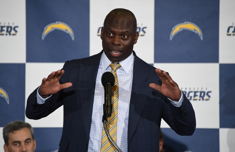 Jan 18, 2017; Inglewood, CA, USA; Los Angeles Chargers coach Anthony Lynn speaks during the Los Angeles Chargers Kickoff Ceremony at the The Forum. Mandatory Credit: Kirby Lee-USA TODAY Sports