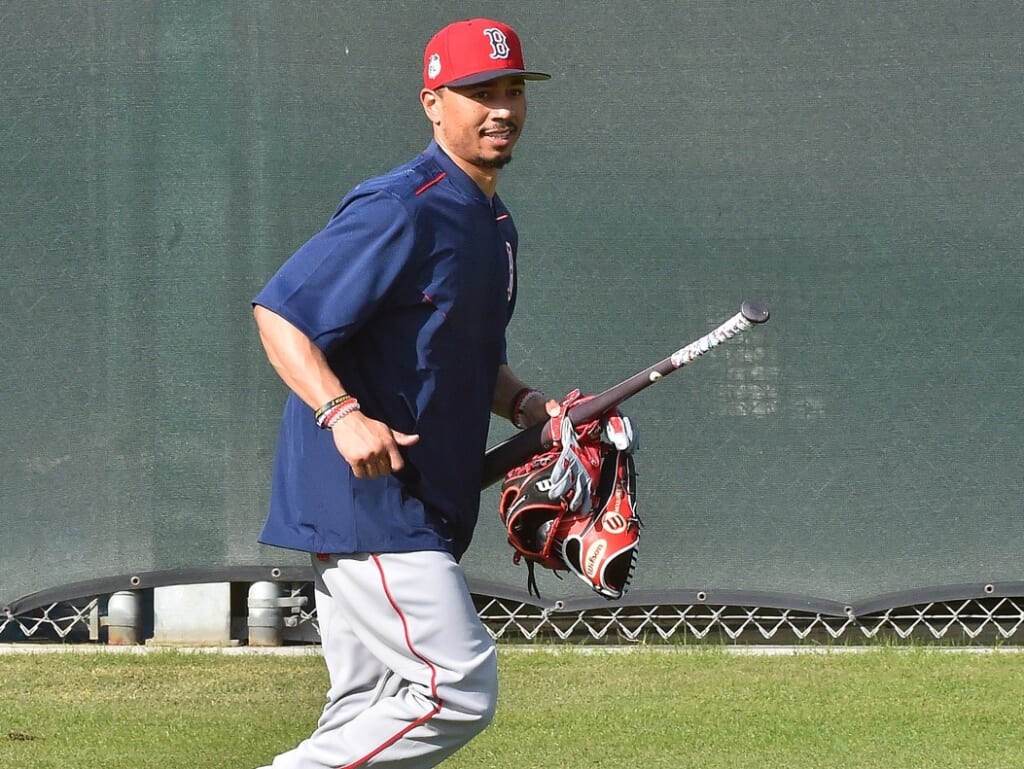 Feb 13, 2017; Lee County, FL, USA; Boston Red Sox right fielder Mookie Betts (50) runs on the field during reporting day for pitchers and catchers at JetBlue Park. Mandatory Credit: Jasen Vinlove-USA TODAY Sports