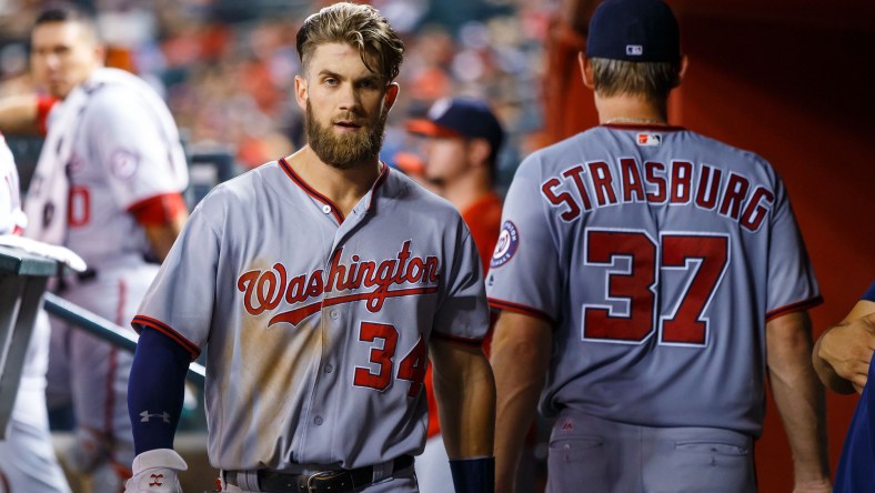 MLB, Aug 1, 2016; Phoenix, AZ, USA; Washington Nationals outfielder Bryce Harper (left) and pitcher Stephen Strasburg against the Arizona Diamondbacks at Chase Field. Mandatory Credit: Mark J. Rebilas-USA TODAY Sports