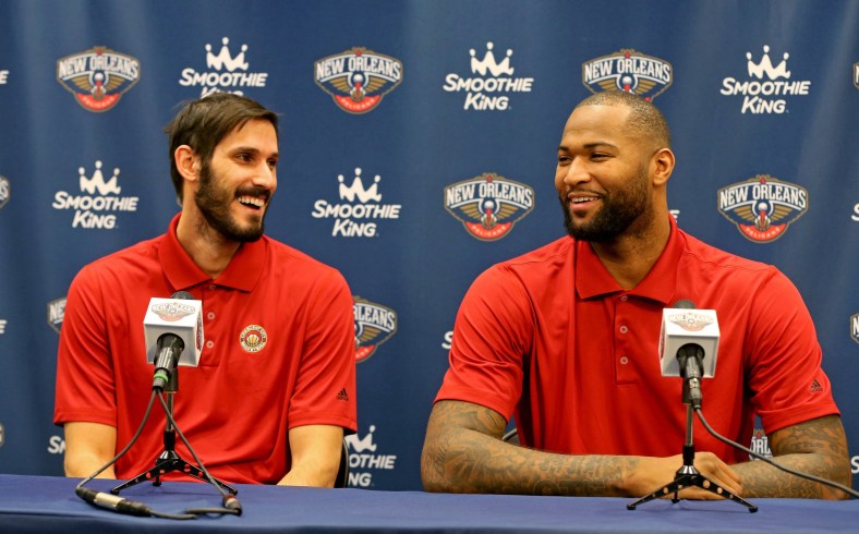 Feb 22, 2017; Metairie, LA, USA; Omri Casspi and DeMarcus Cousins (right) were introduced by the New Orleans Pelicans at a press conference at the New Orleans Pelicans Practice Facility. They came to the Pelicans in a trade from the Sacramento Kings. Mandatory Credit: Chuck Cook-USA TODAY Sports