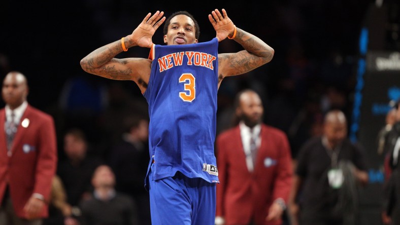 Caption: Feb 1, 2017; Brooklyn, NY, USA; New York Knicks point guard Brandon Jennings (3) reacts after defeating the Brooklyn Nets at Barclays Center. Mandatory Credit: Brad Penner-USA TODAY Sports