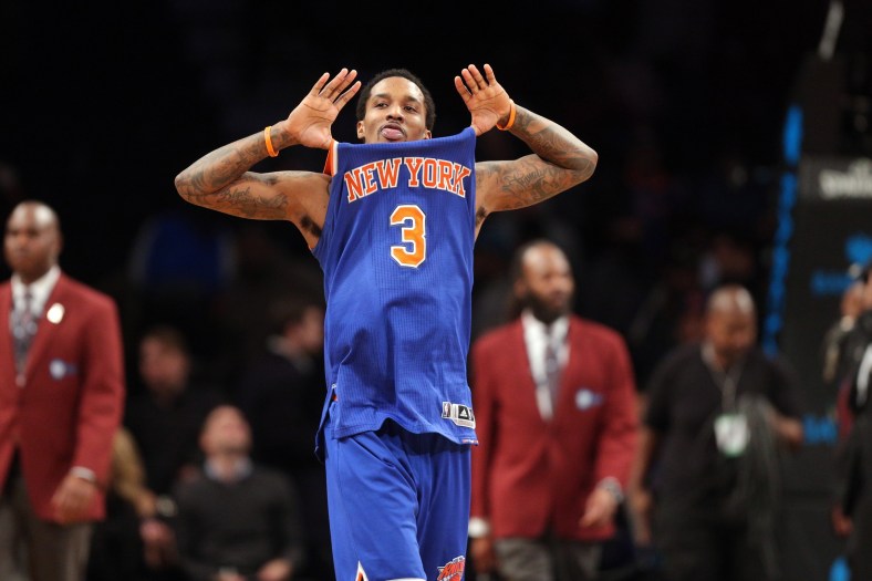 Caption: Feb 1, 2017; Brooklyn, NY, USA; New York Knicks point guard Brandon Jennings (3) reacts after defeating the Brooklyn Nets at Barclays Center. Mandatory Credit: Brad Penner-USA TODAY Sports