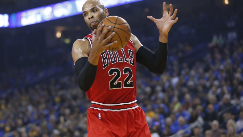 Feb 8, 2017; Oakland, CA, USA; Chicago Bulls forward Taj Gibson (22) holds onto a rebound against the Golden State Warriors in the first quarter at Oracle Arena. Mandatory Credit: Cary Edmondson-USA TODAY Sports