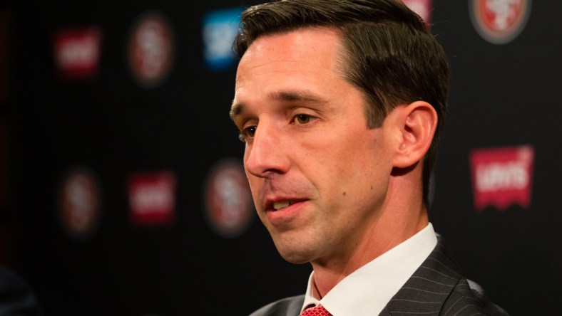 Feb 9, 2017; Santa Clara, CA, USA; San Francisco 49ers head coach Kyle Shanahan during a press conference at Levi's Stadium. Mandatory Credit: Kelley L Cox-USA TODAY Sports