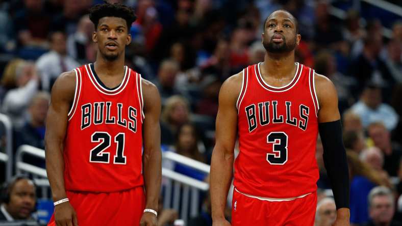 Jan 24, 2017; Orlando, FL, USA; Chicago Bulls guard Dwyane Wade (3) and forward Jimmy Butler (21) looks on against the Orlando Magic during the second quarter at Amway Center. Mandatory Credit: Kim Klement-USA TODAY Sports