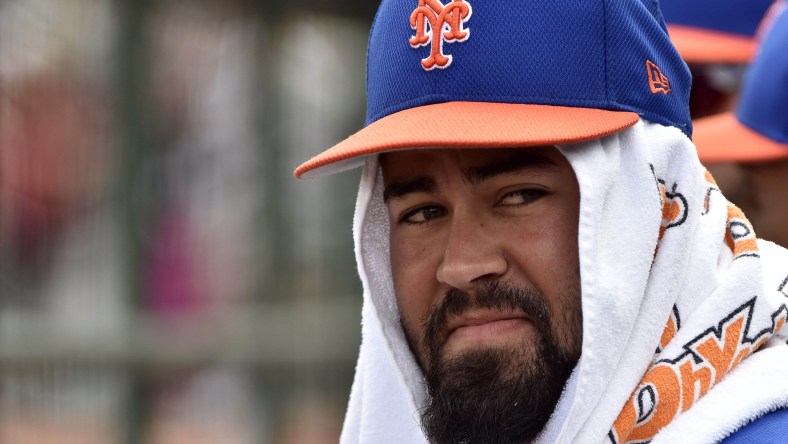 Mar 1, 2017; Jupiter, FL, USA; New York Mets shortstop Luis Guillorme (77) looks on from the dugout during a spring training game against the St. Louis Cardinals at Roger Dean Stadium. Mandatory Credit: Steve Mitchell-USA TODAY Sports