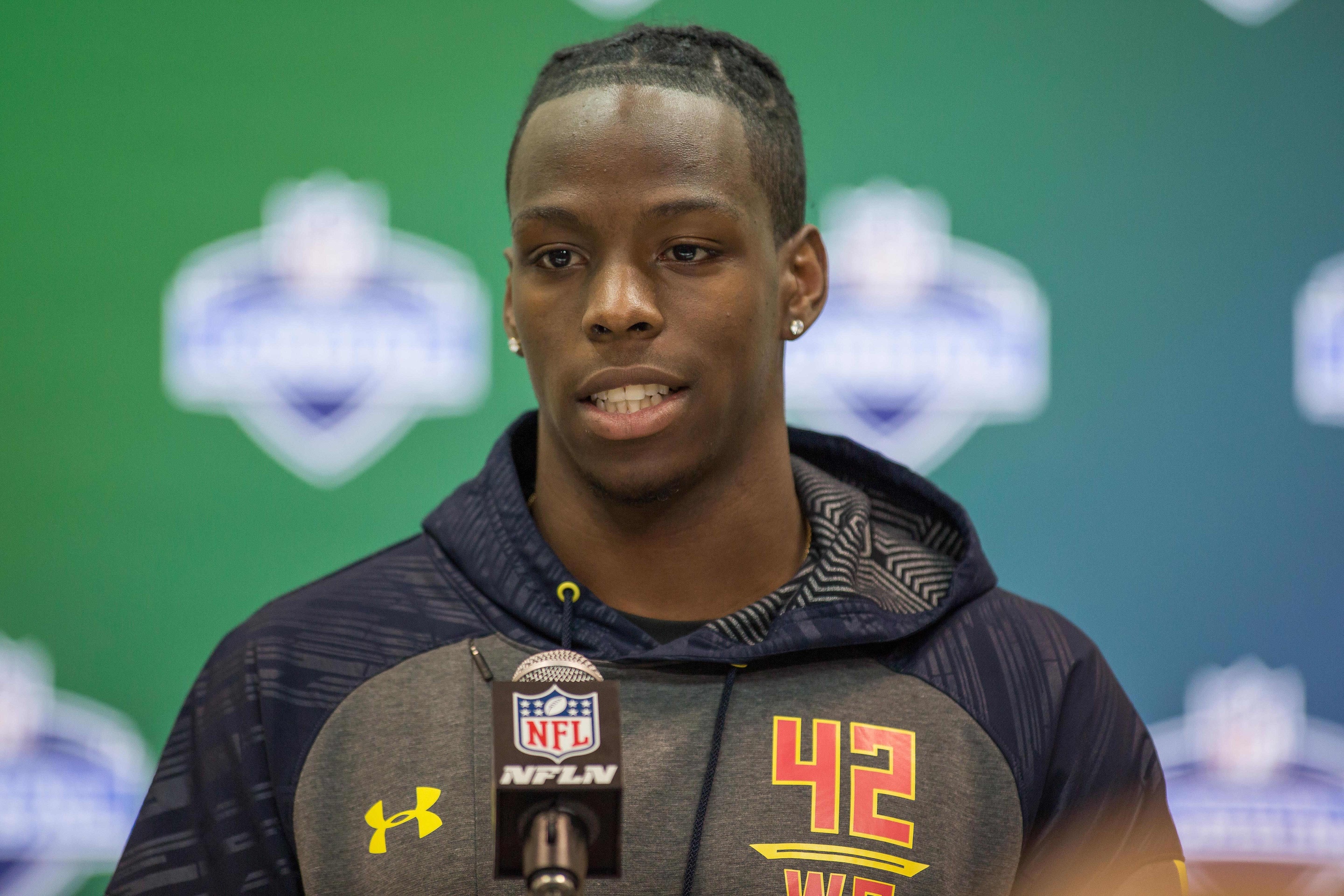 Mar 3, 2017; Indianapolis, IN, USA; Washington wide receiver John Ross speaks to the media during the 2017 combine at Indiana Convention Center. Mandatory Credit: Trevor Ruszkowski-USA TODAY Sports