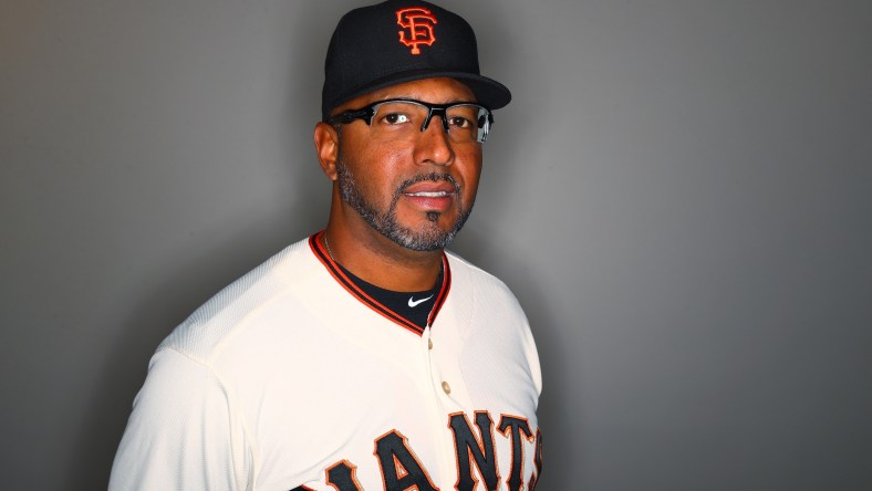 Feb 20, 2017; Scottsdale, AZ, USA; San Francisco Giants first base coach Jose Alguacil poses for a portrait during photo day at Scottsdale Stadium. Mandatory Credit: Mark J. Rebilas-USA TODAY Sports