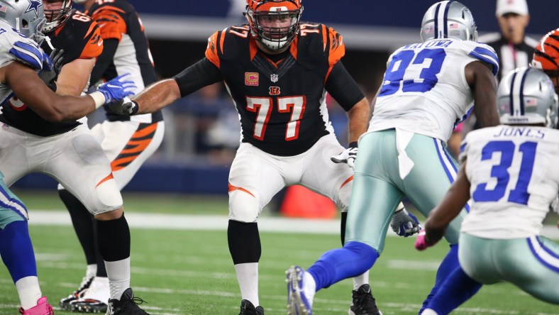 Oct 9, 2016; Arlington, TX, USA; Cincinnati Bengals tackle Andrew Whitworth (77) in action against the Dallas Cowboys at AT&T Stadium. Mandatory C