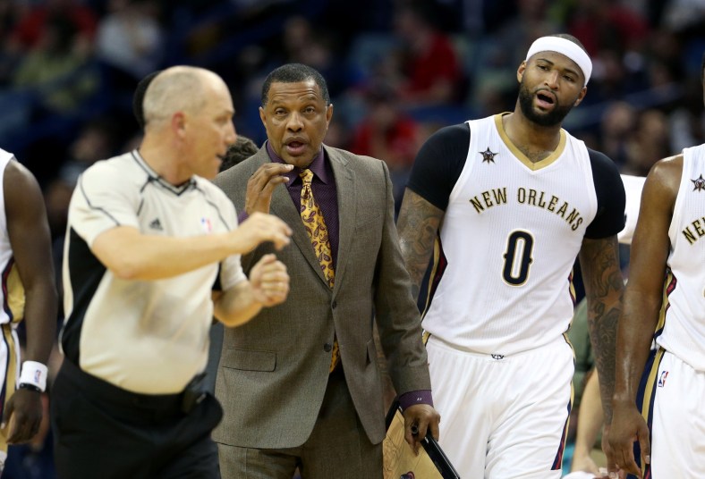 Caption: Mar 8, 2017; New Orleans, LA, USA; New Orleans Pelicans head coach Alvin Gentry and forward DeMarcus Cousins (0) talk to referee Ron Garretson (10) in the second quarter against the Toronto Raptors at the Smoothie King Center. Mandatory Credit: Chuck Cook-USA TODAY Sports Created: