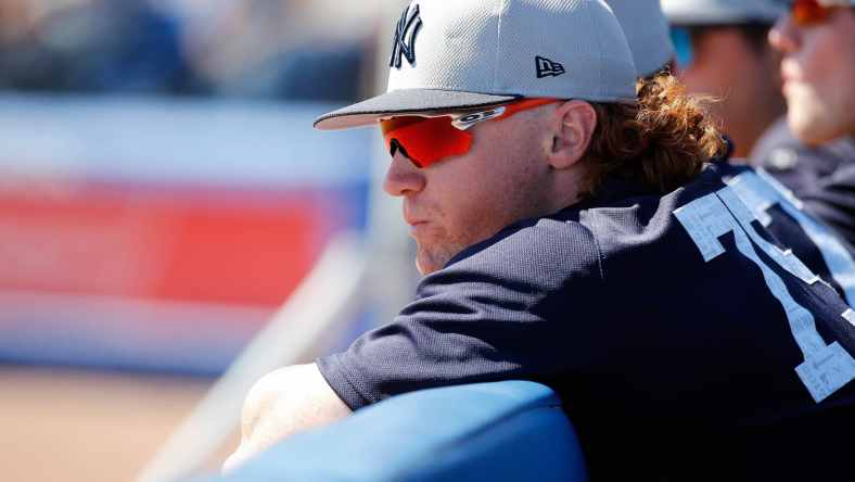 Caption: Mar 3, 2017; Dunedin, FL, USA; New York Yankees center fielder Clint Frazier (75) looks on against the Toronto Blue Jays at Florida Auto Exchange Stadium. Mandatory Credit: Kim Klement-USA TODAY Sports