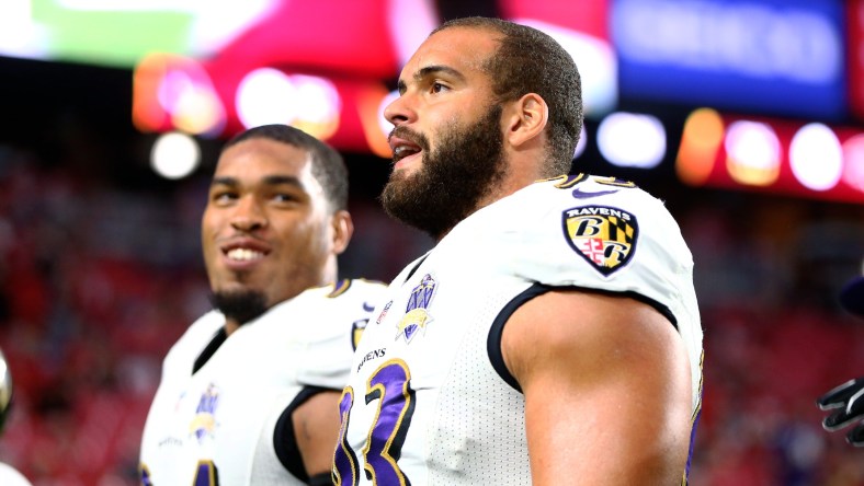 Oct 26, 2015; Glendale, AZ, USA; Baltimore Ravens defensive end Lawrence Guy (93) against the Arizona Cardinals at University of Phoenix Stadium. The Cardinals defeated the Ravens 26-18. Mandatory Credit: Mark J. Rebilas-USA TODAY Sports