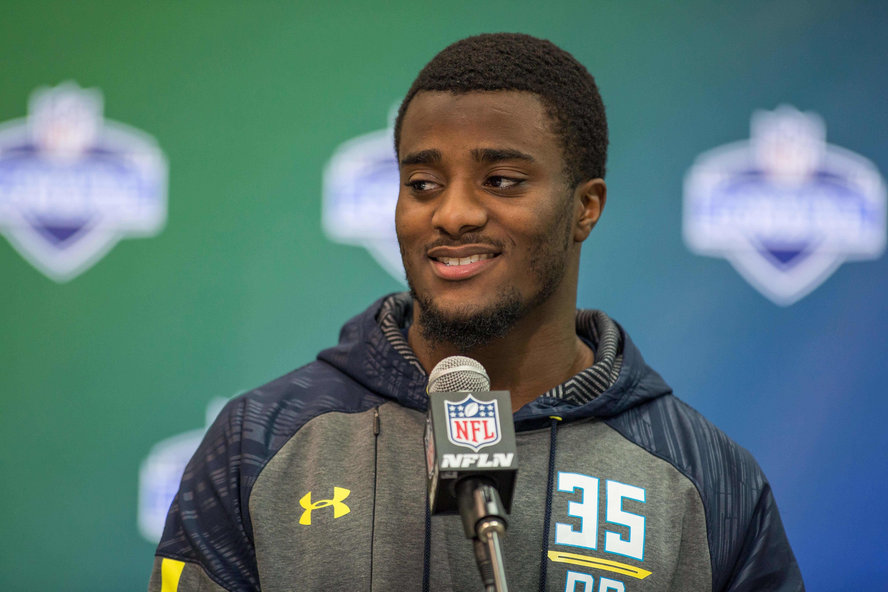 Mar 5, 2017; Indianapolis, IN, USA; Michigan defensive back Jourdan Lewis speaks to the media during the 2017 combine at Indiana Convention Center. Mandatory Credit: Trevor Ruszkowski-USA TODAY Sports