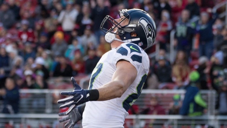 Caption: January 1, 2017; Santa Clara, CA, USA; Seattle Seahawks tight end Luke Willson (82) celebrates after scoring a touchdown against the San Francisco 49ers during the second quarter at Levi's Stadium. Mandatory Credit: Kyle Terada-USA TODAY Sports Created: