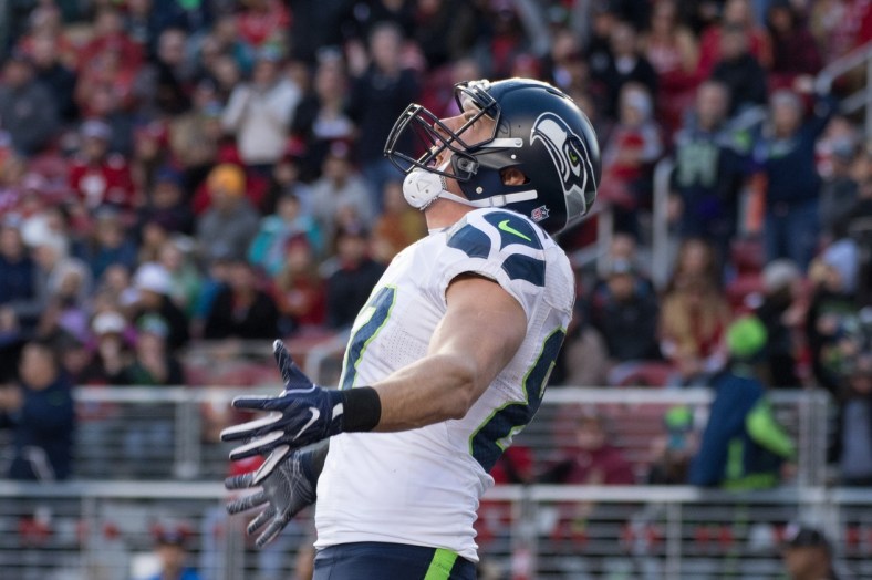 Caption: January 1, 2017; Santa Clara, CA, USA; Seattle Seahawks tight end Luke Willson (82) celebrates after scoring a touchdown against the San Francisco 49ers during the second quarter at Levi's Stadium. Mandatory Credit: Kyle Terada-USA TODAY Sports Created: